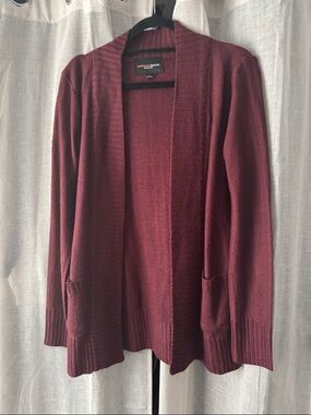 Ambiance Open-Front Maroon Cardigan with Pockets